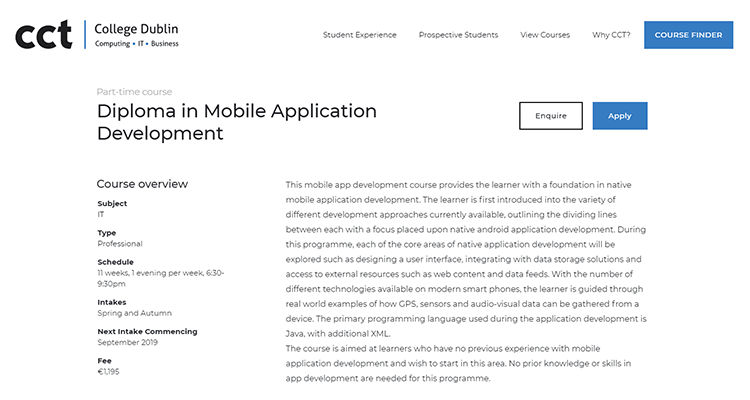 In-class app development course - CCT Dublin